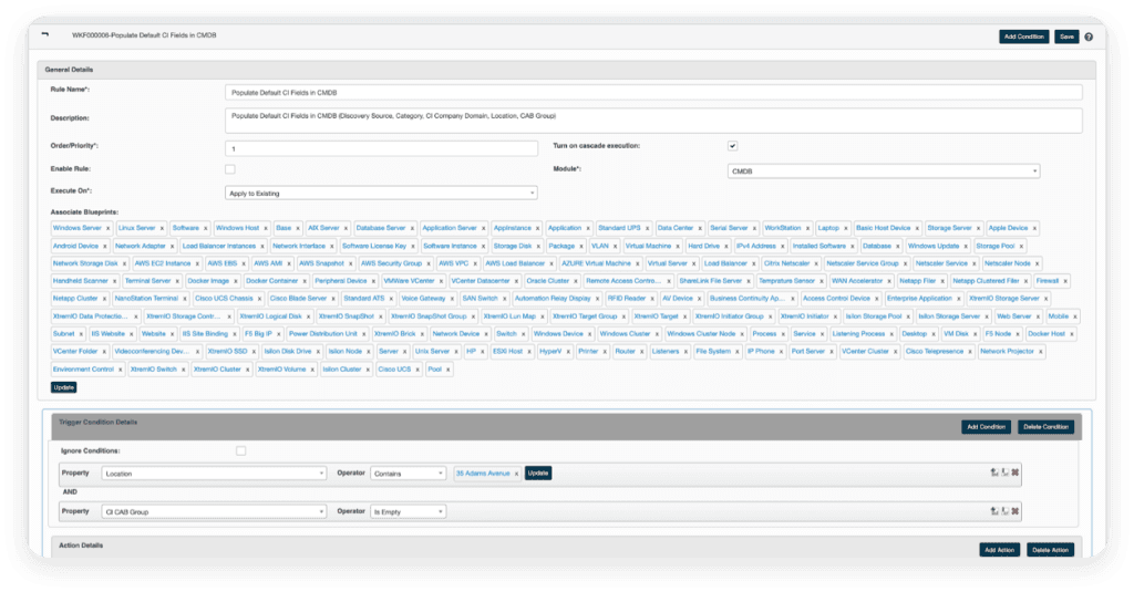 An image of the automation feature included within Virima's CMDB that allows you to set up automated rules to popualte the CMDB as per your preferences