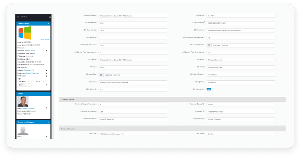 An image of the asset attributes available within Virima’s Discovery tool