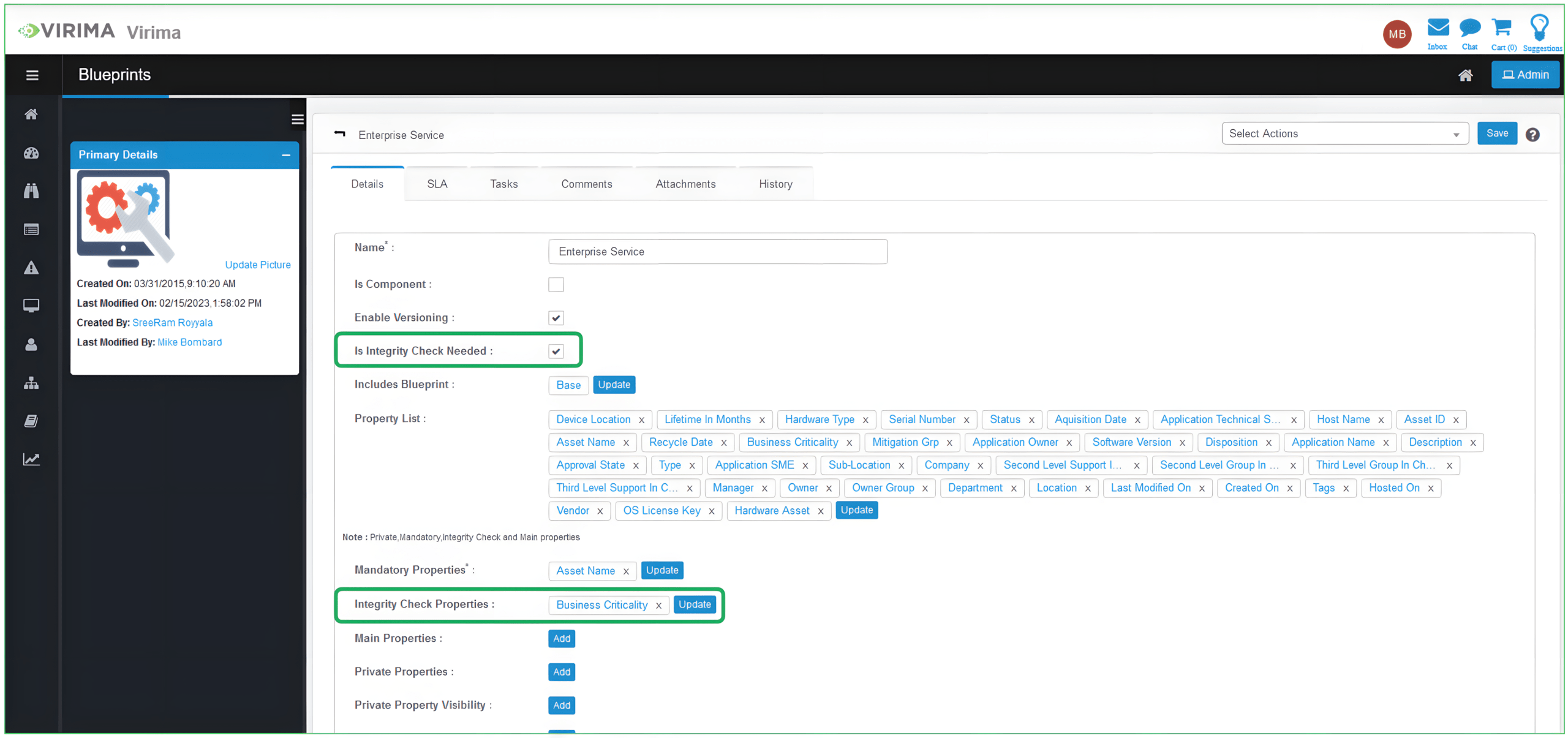 Virima Blueprint Integrity Check properties
