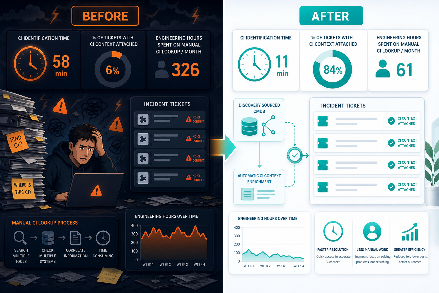 Conceptual Before And After Comparison S — Virima Jira Zero Ci Context Incident Cost